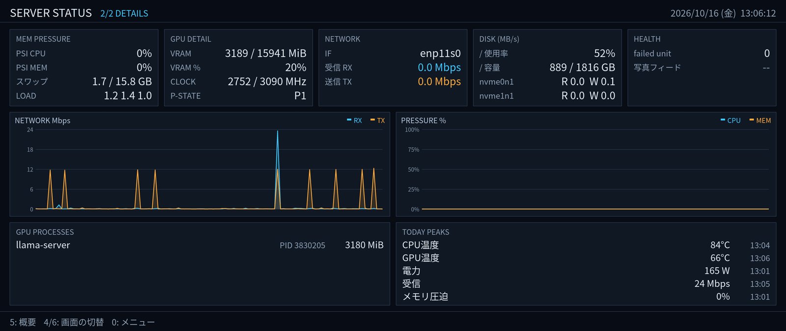 SERVER STATUS の DETAILS。メモリ圧迫、GPU の詳細、ネットワーク、ディスク、ヘルス、グラフと今日の最大値